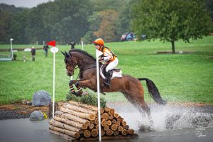 Sharon White jumping horse over cross country jump