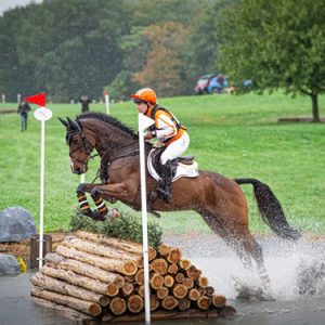 Sharon White jumping horse over cross country jump