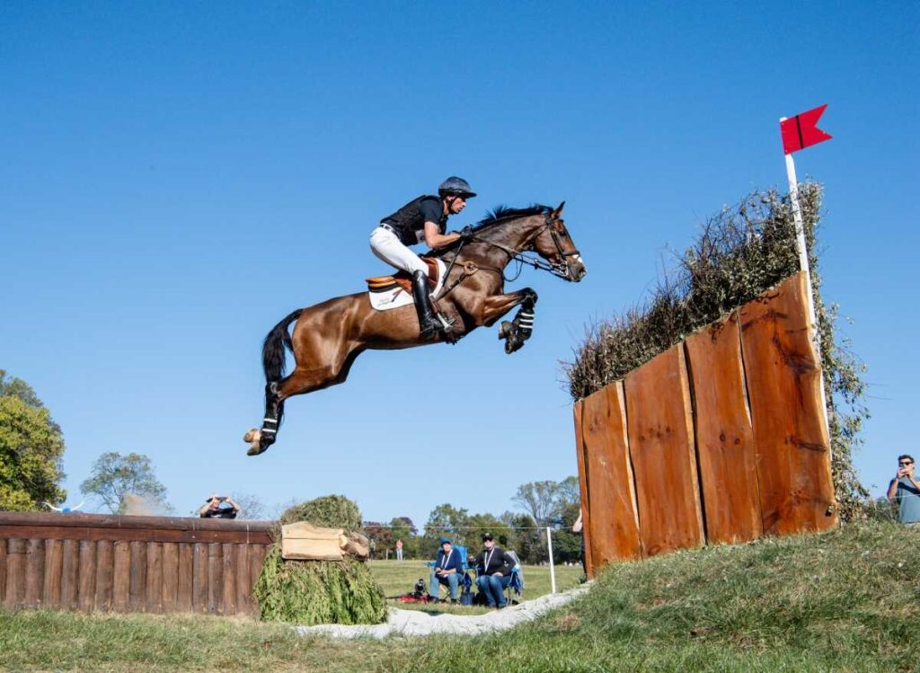 Horse in air over ditch-wall jump